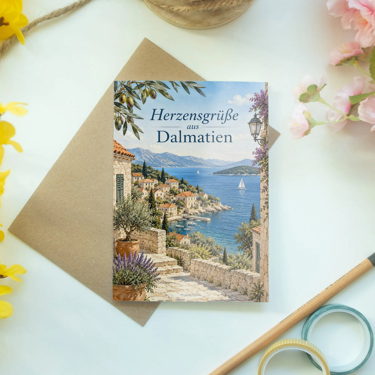 Herzliche Sommergrußkarte aus Dalmatien mit Küstendorf