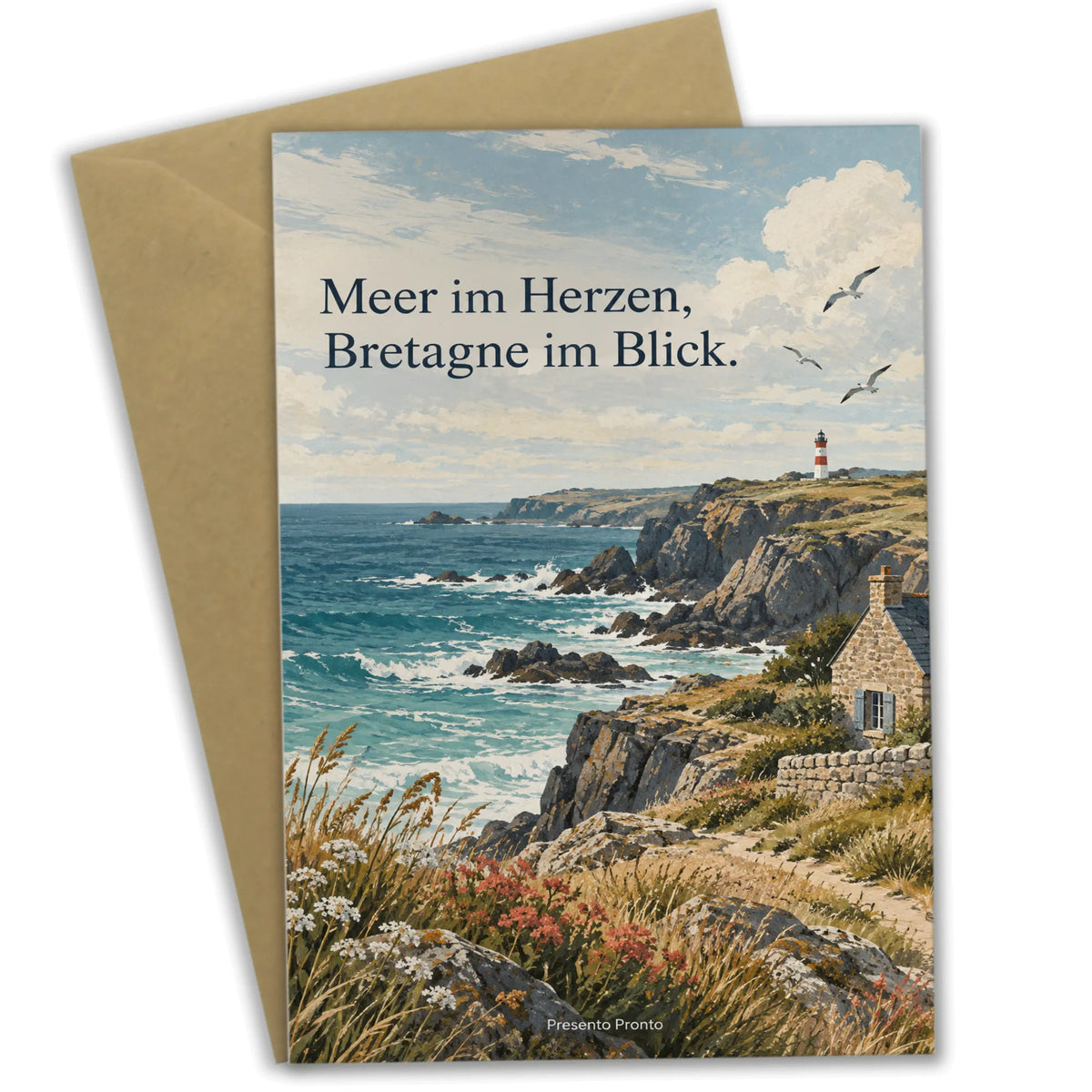 Nostalgische Bretagne Grußkarte mit Steinhütte am Meer