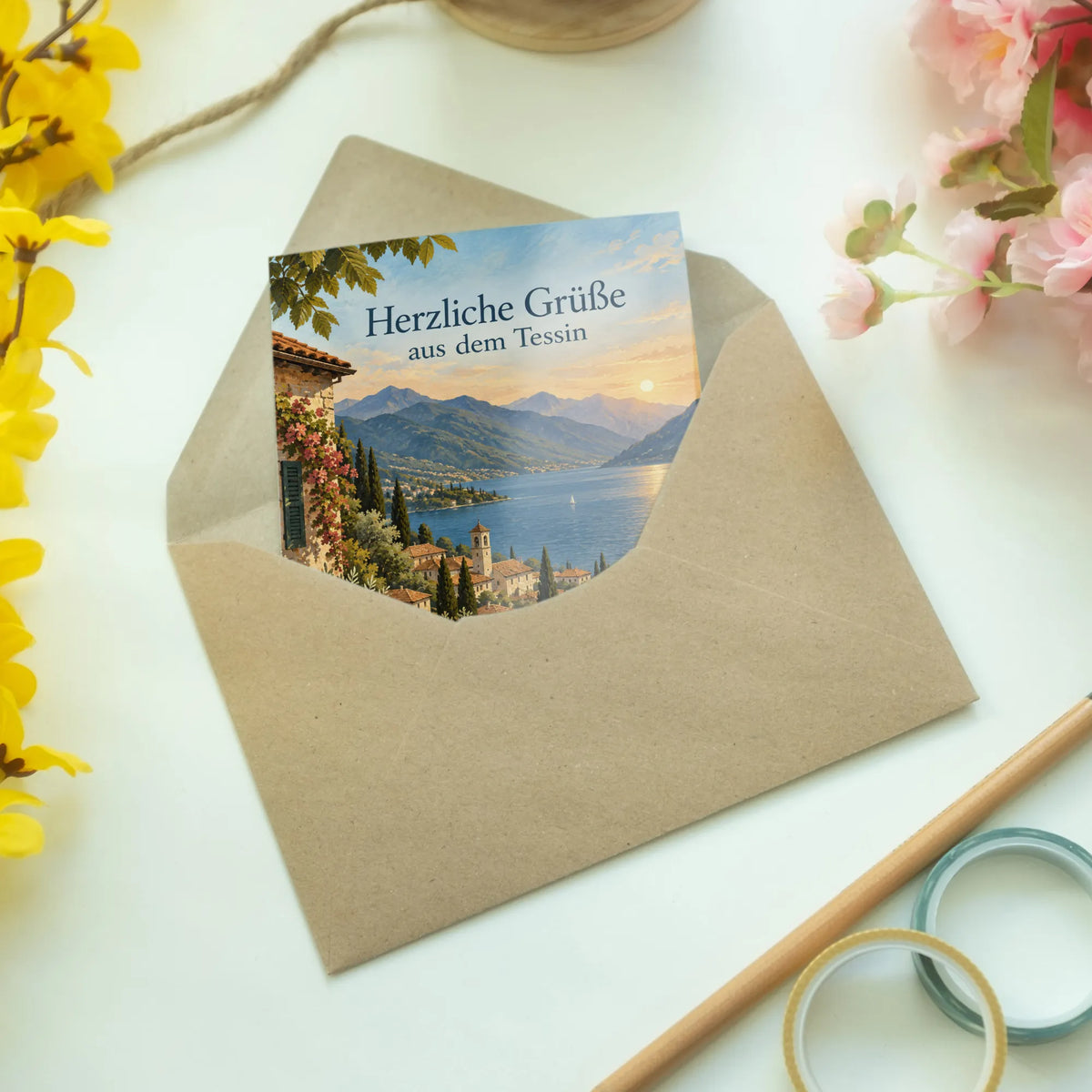 Herzliche Urlaubsgrüße aus dem Tessin mit Alpensee