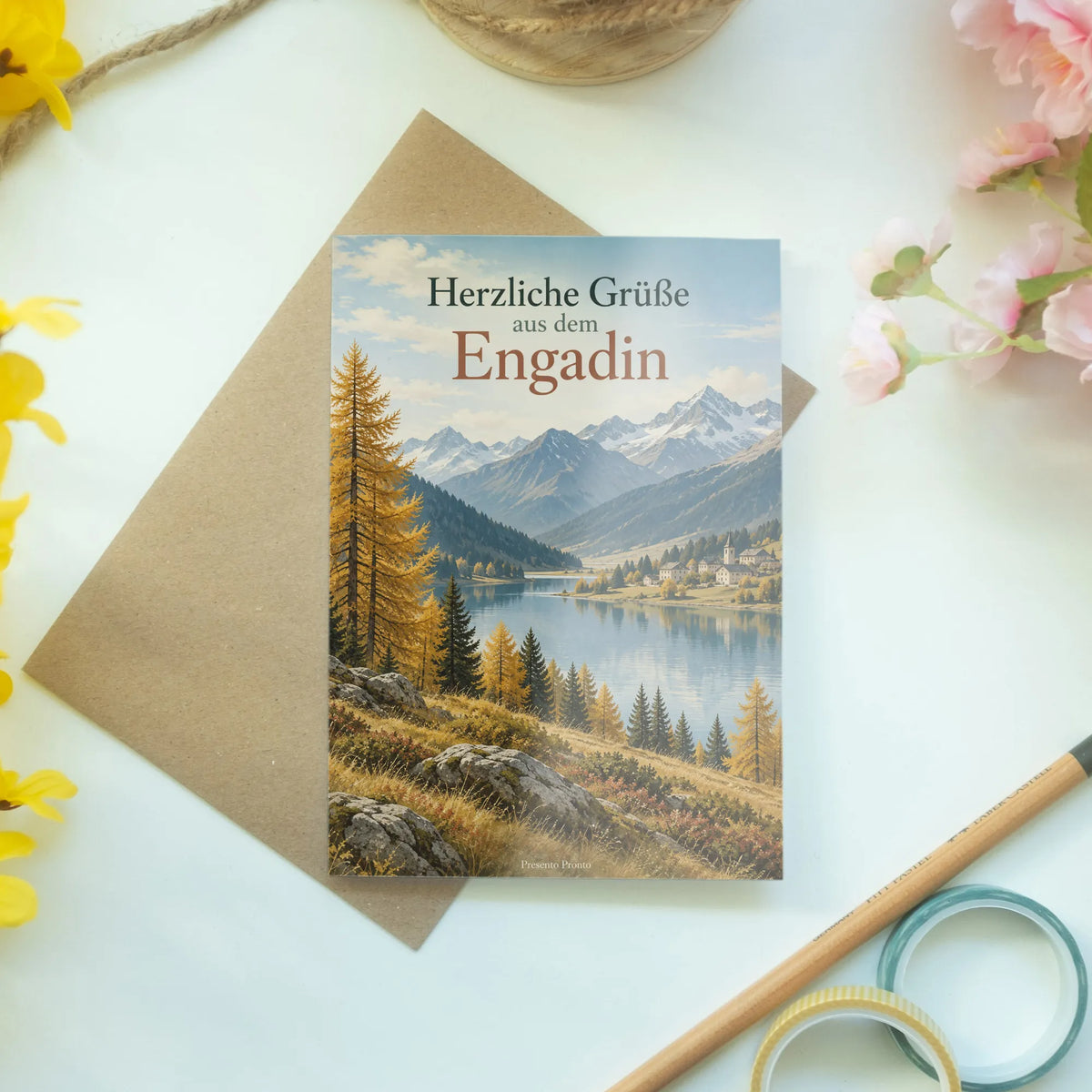 Herzliche Grußkarte aus dem Engadin mit Berglandschaft