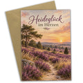 Herzliche Grußkarte Lüneburger Heide für Heidefans mit Sonnenuntergang