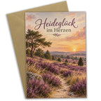 Herzliche Grußkarte Lüneburger Heide für Heidefans mit Sonnenuntergang|p:2023861|h:050fdeba79e2fd57f4d40522317e7086