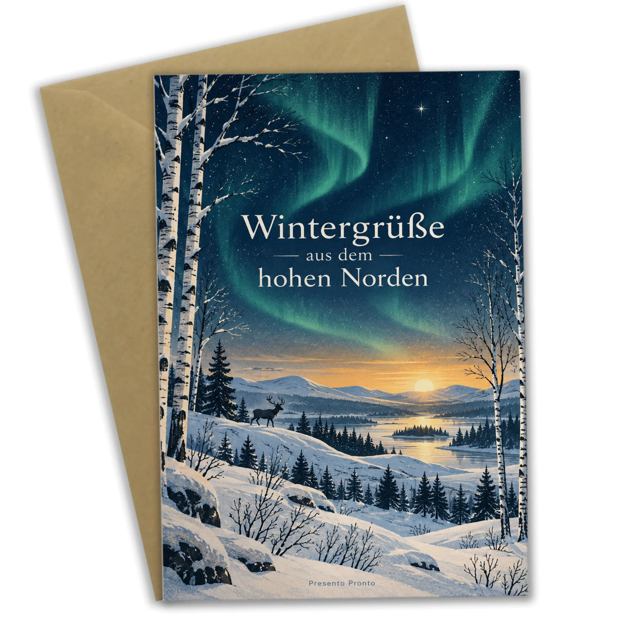 Stimmungsvolle Lappland Grußkarte mit Rentier