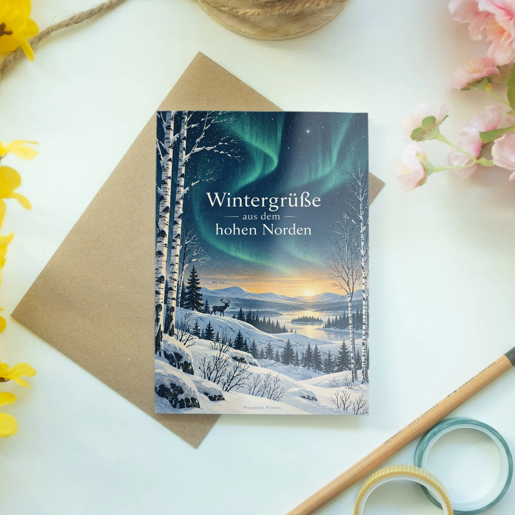 Stimmungsvolle Lappland Grußkarte mit Rentier|p:2023867|h:87a99fd6fad26683ed86aa3822da4cc5