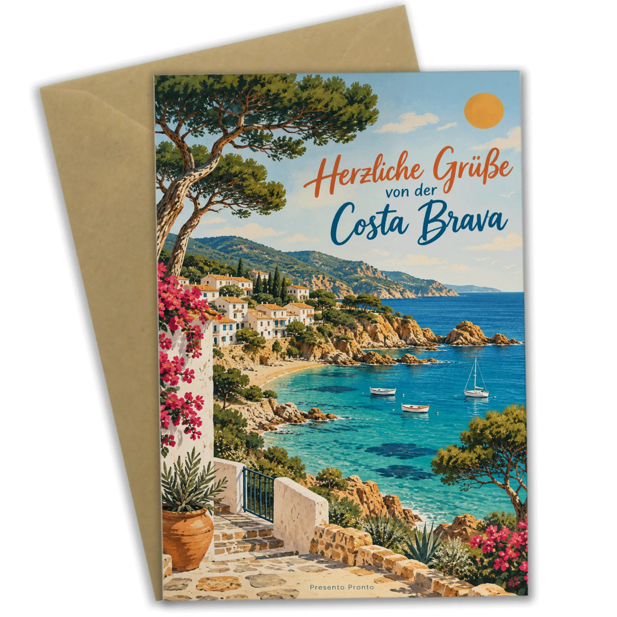 Herzliche Sommergrußkarte von der Costa Brava mit Bucht