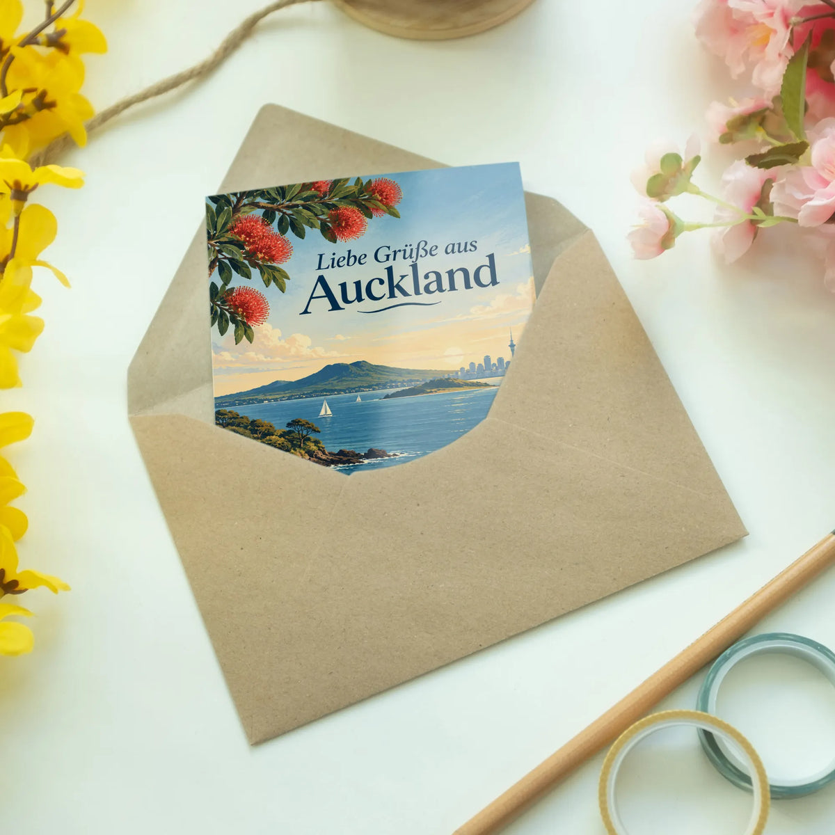 Elegante Grußkarte aus Auckland mit Hafen und Skyline