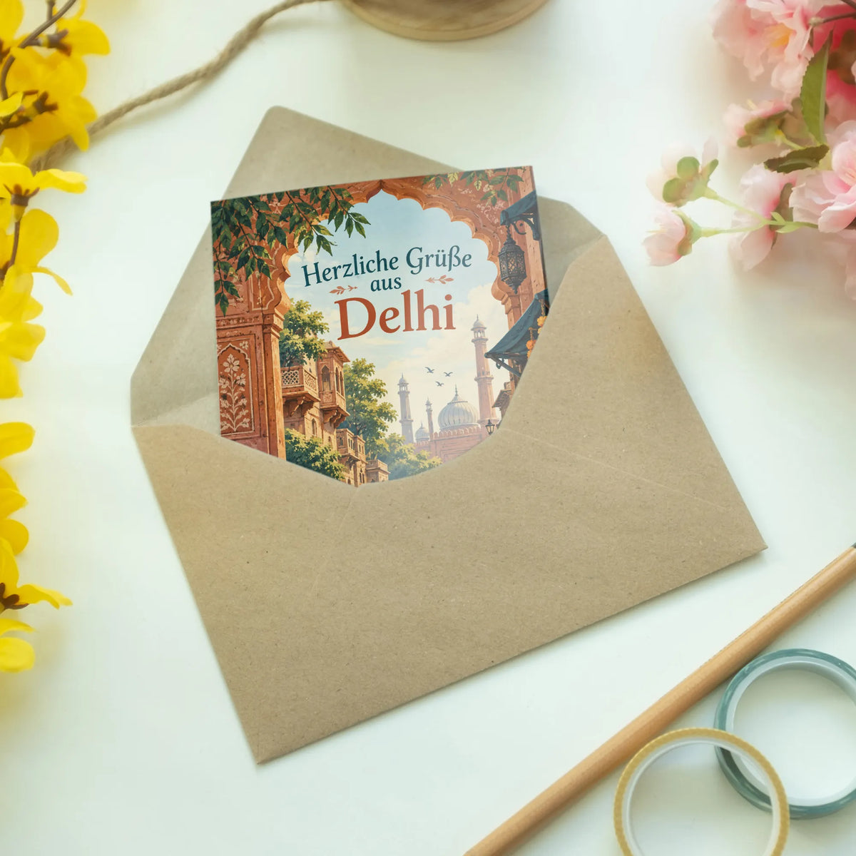 Herzliche Grußkarte aus Delhi mit Fahrradrikscha