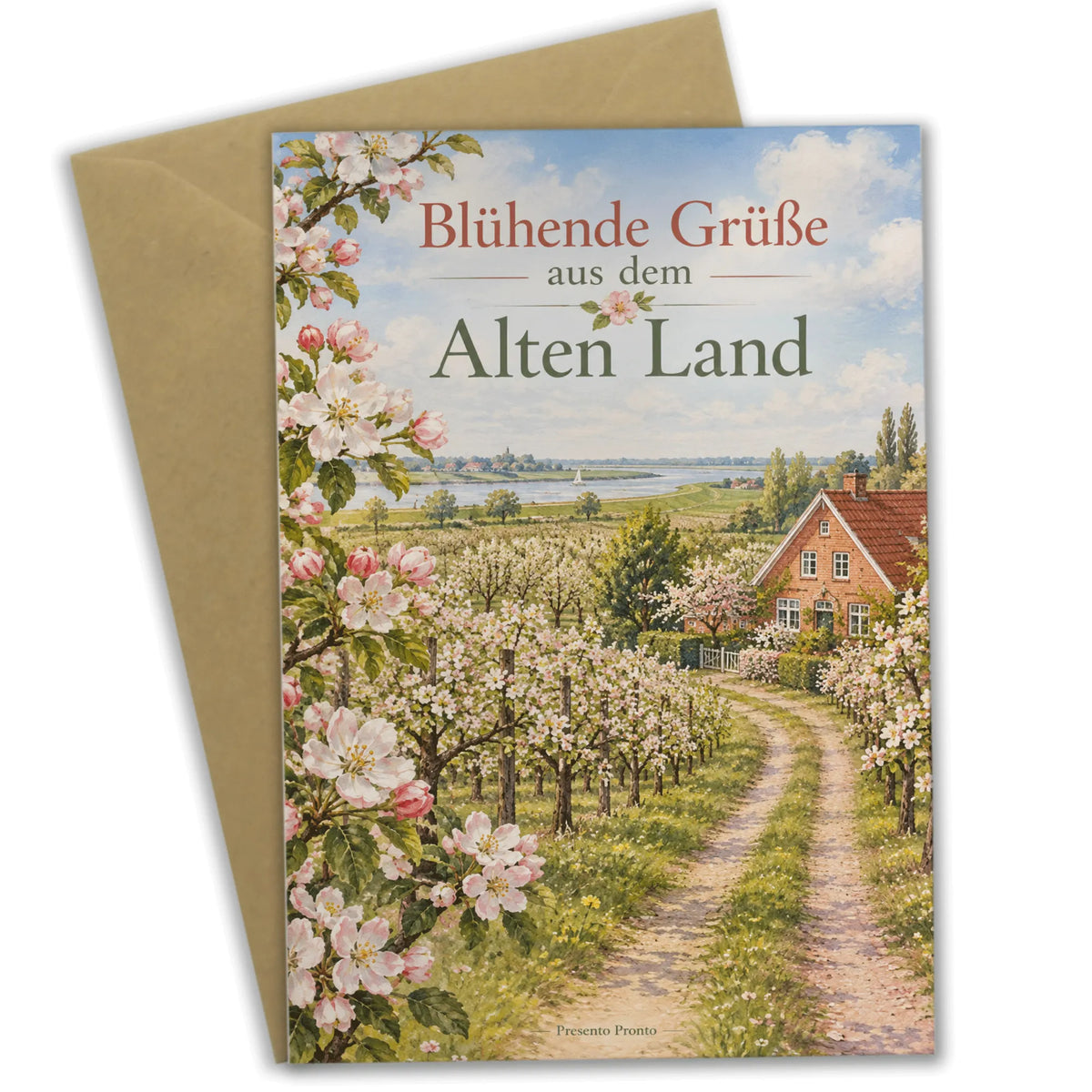 Herzliche Grußkarte aus dem Alten Land mit Apfelblüte