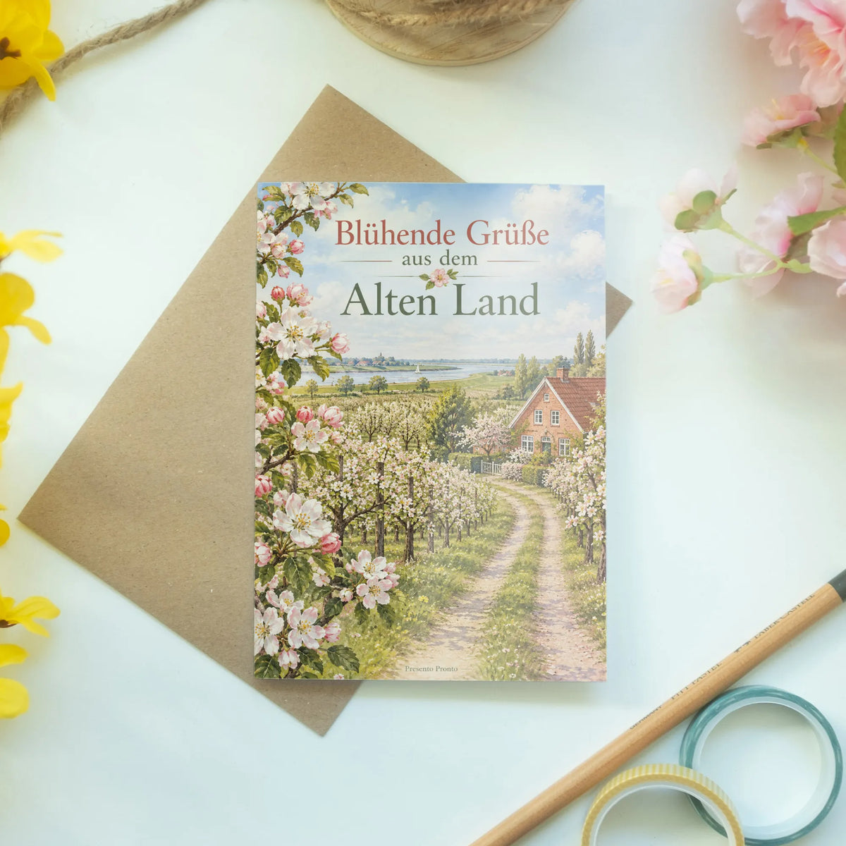 Herzliche Grußkarte aus dem Alten Land mit Apfelblüte
