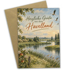 Herzliche Grußkarte aus dem Havelland mit Störchen für Fans|p:2023884|h:0a52cb42ca4e768a96e5d008300a250a