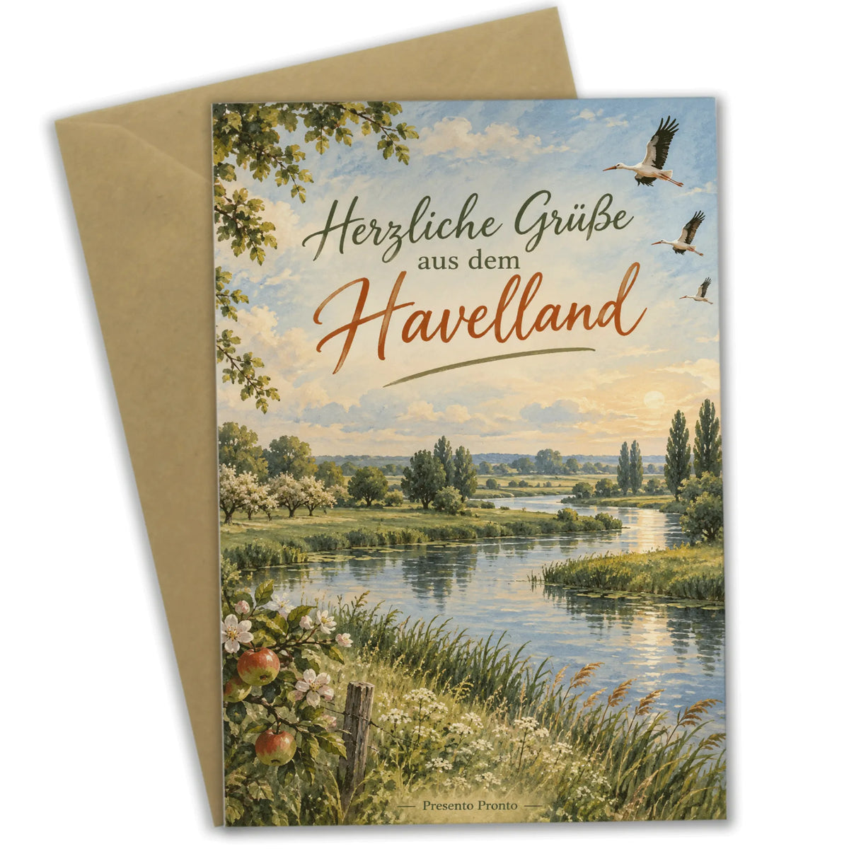 Herzliche Grußkarte aus dem Havelland mit Störchen für Fans