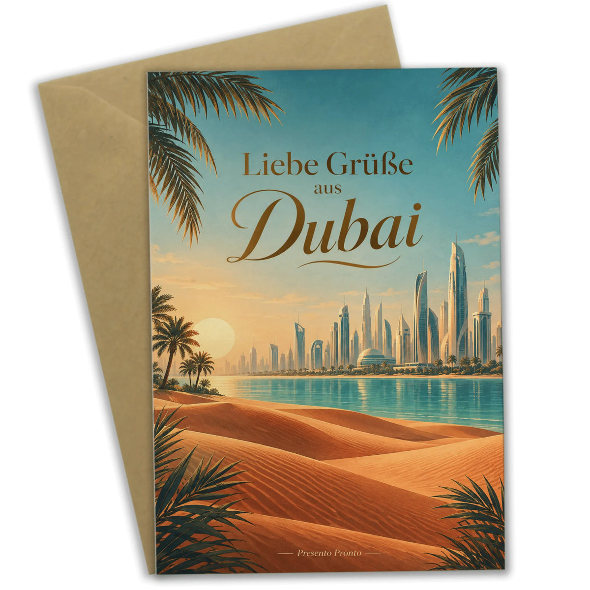 Elegante Dubai Urlaubskarte mit Skyline in Sandtönen
