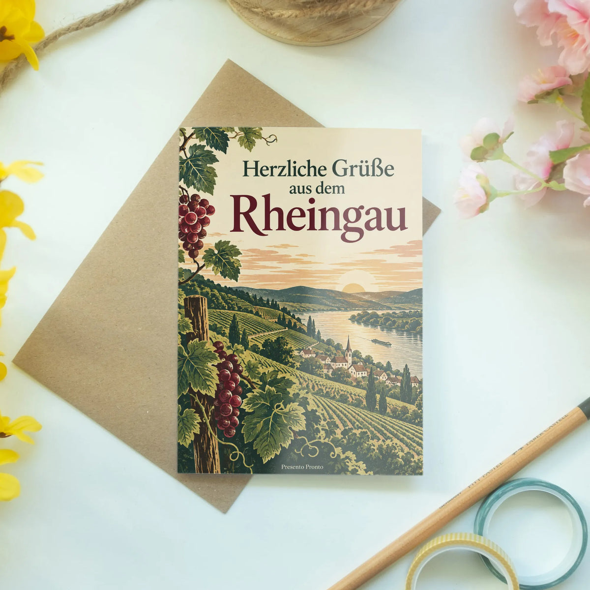Herzliche Grußkarte aus dem Rheingau mit Weinbergen