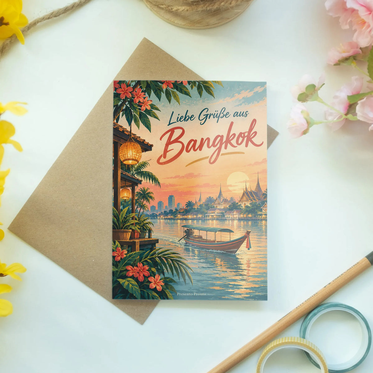 Herzliche Urlaubskarte aus Bangkok mit Longtailboot