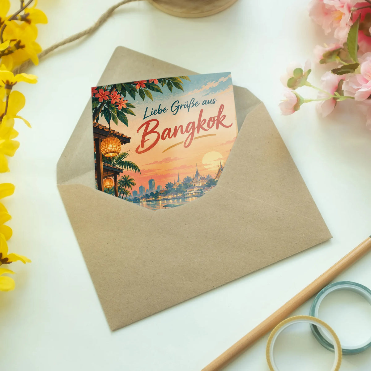 Herzliche Urlaubskarte aus Bangkok mit Longtailboot