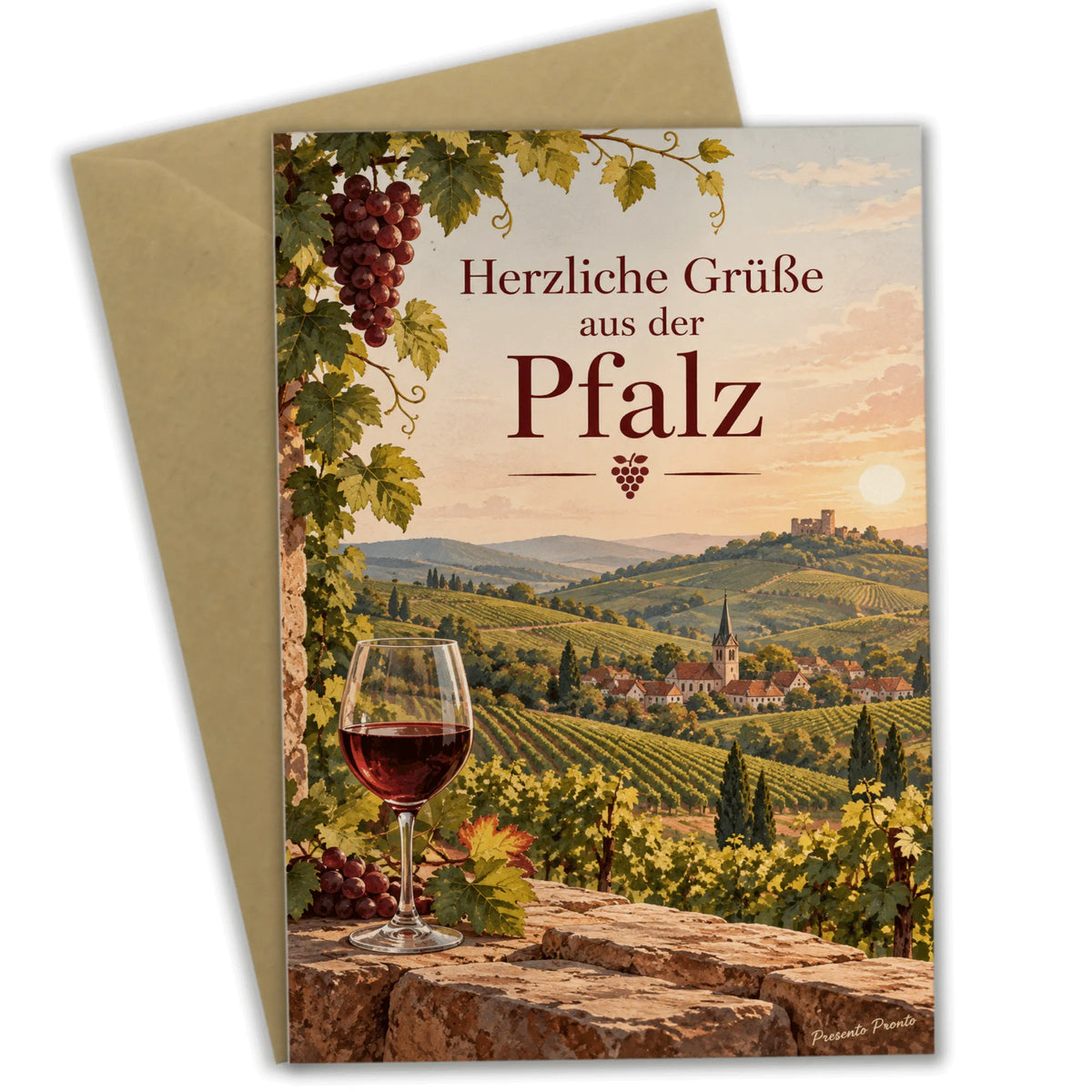 Herzliche Grußkarte aus der Pfalz mit Weinbergen