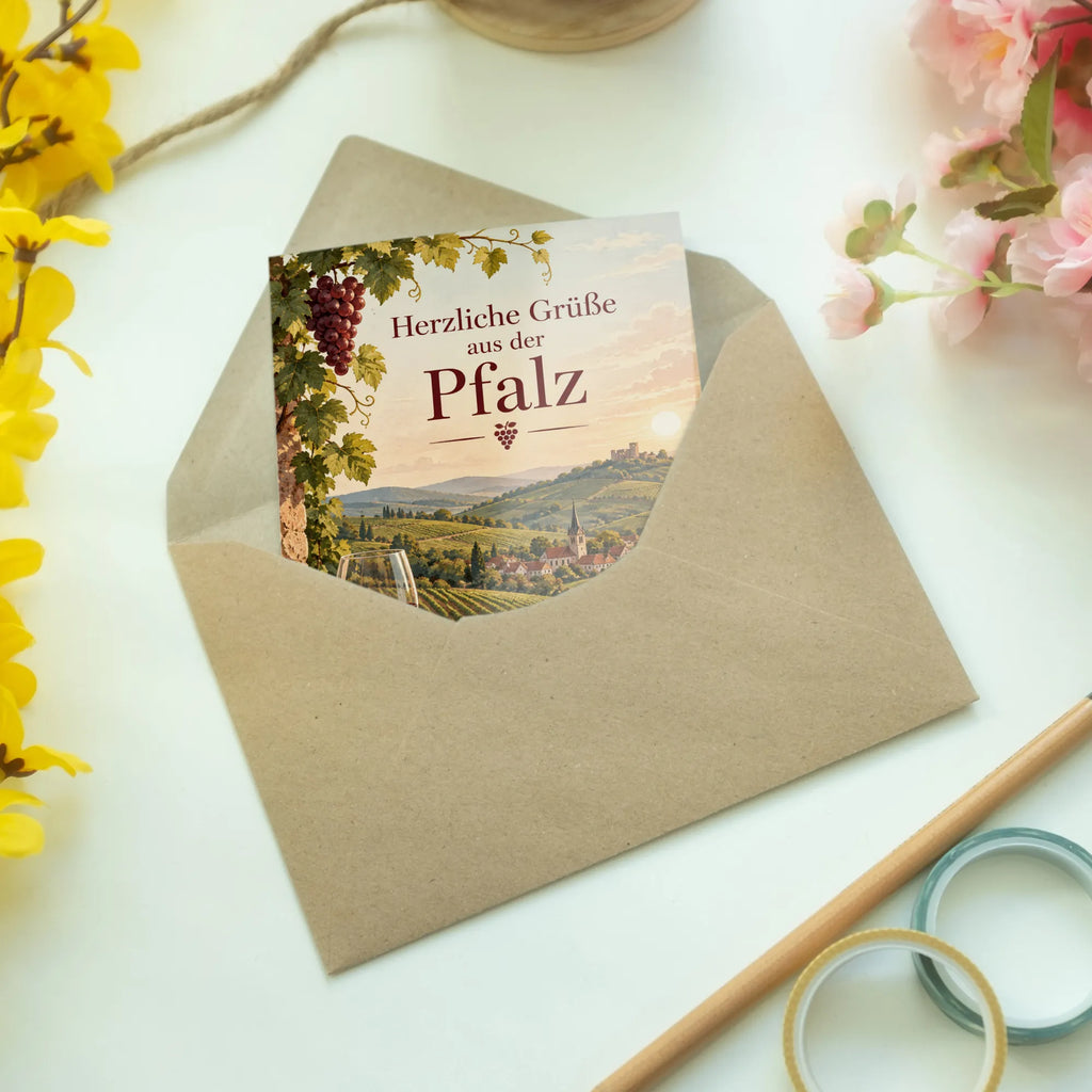 Herzliche Grußkarte aus der Pfalz mit Weinbergen|p:2023894|h:9b16e9603751c9ef5a12af1e22e29d0f