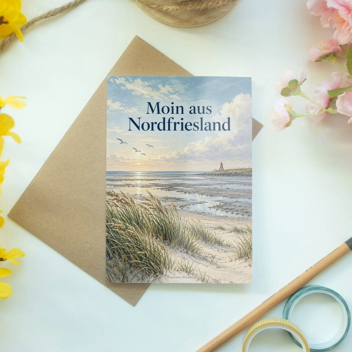 Herzliche Grußkarte aus Nordfriesland mit Küstenlandschaft