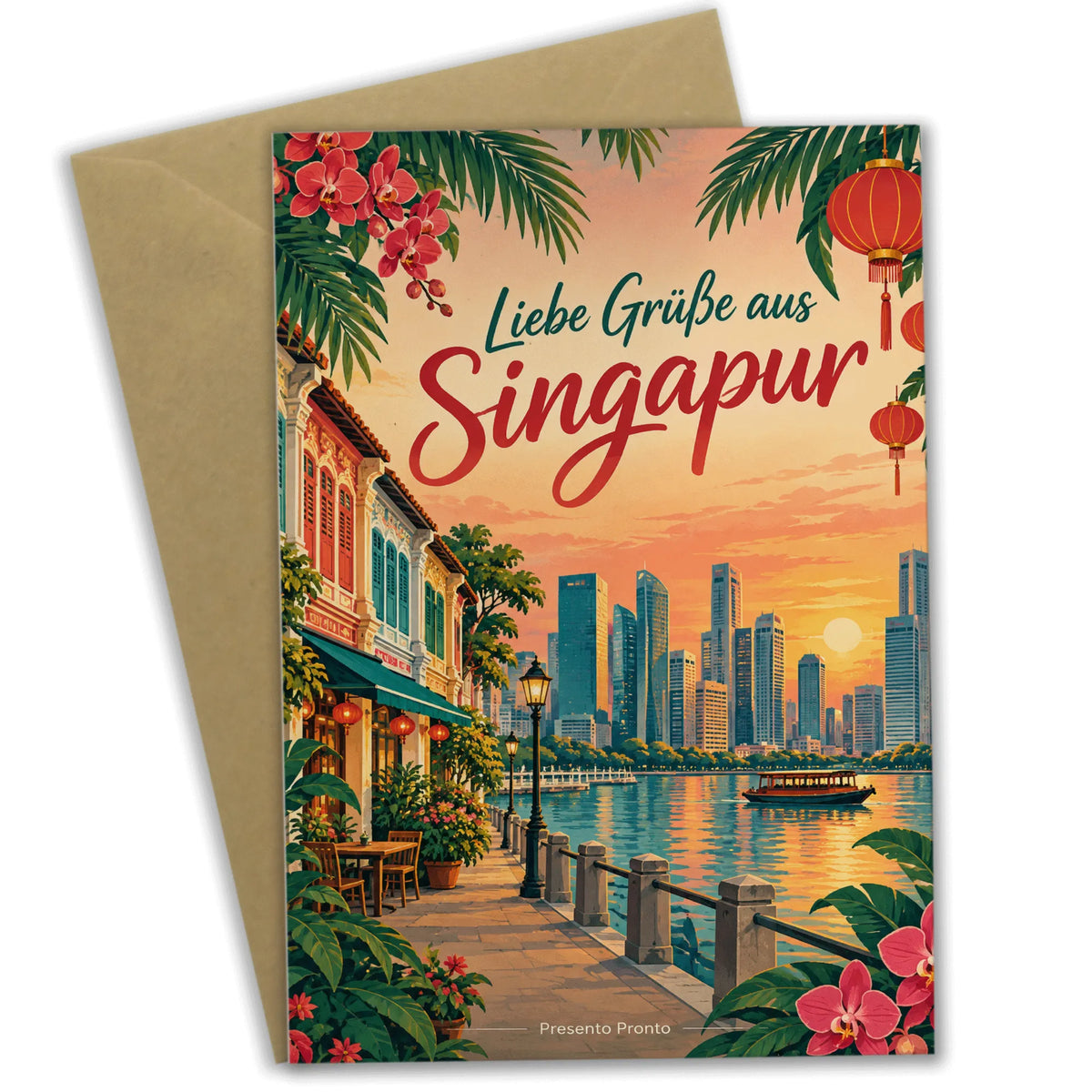 Herzliche Grußkarte aus Singapur mit tropischem Stadtbild
