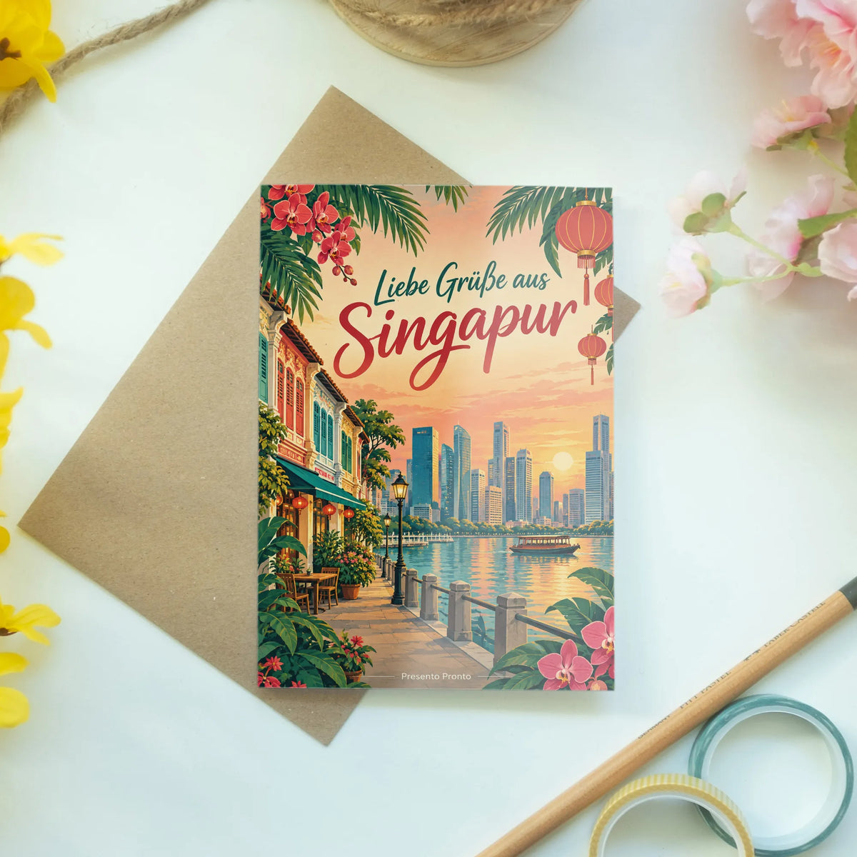 Herzliche Grußkarte aus Singapur mit tropischem Stadtbild