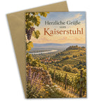 Herzliche Urlaubskarte vom Kaiserstuhl mit Weinbergen|p:2023914|h:59648ebf73a03214791dc6eeb89e8378