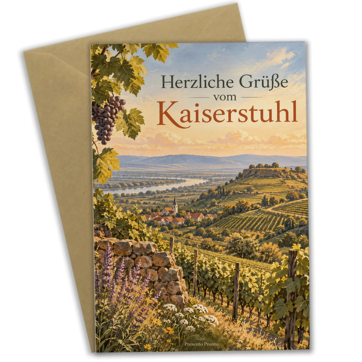 Herzliche Urlaubskarte vom Kaiserstuhl mit Weinbergen