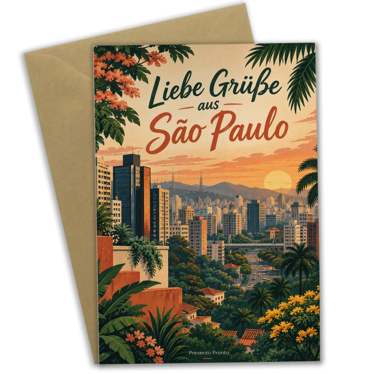 Herzliche Grußkarte aus São Paulo mit Stadthügeln im Abendlicht