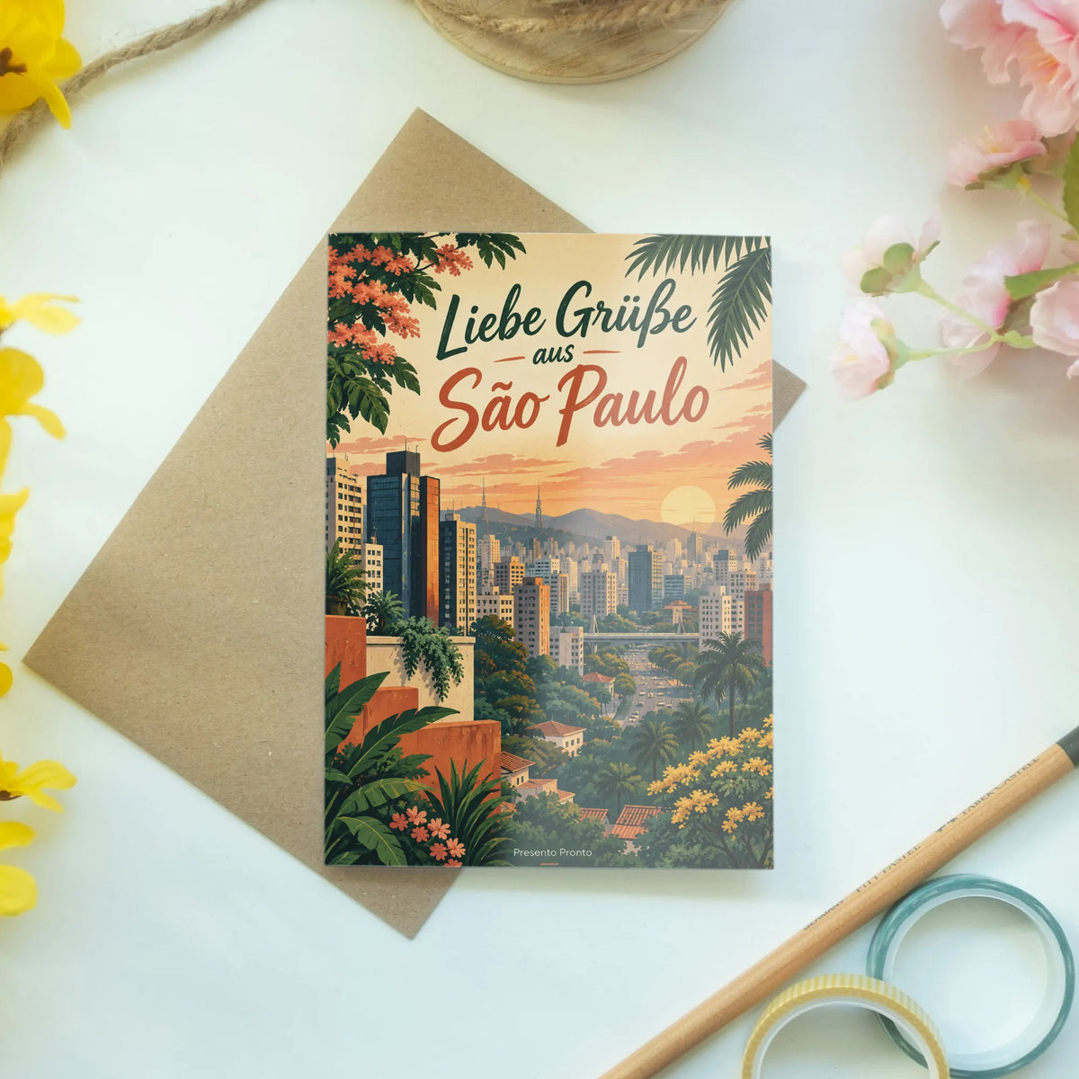 Herzliche Grußkarte aus São Paulo mit Stadthügeln im Abendlicht