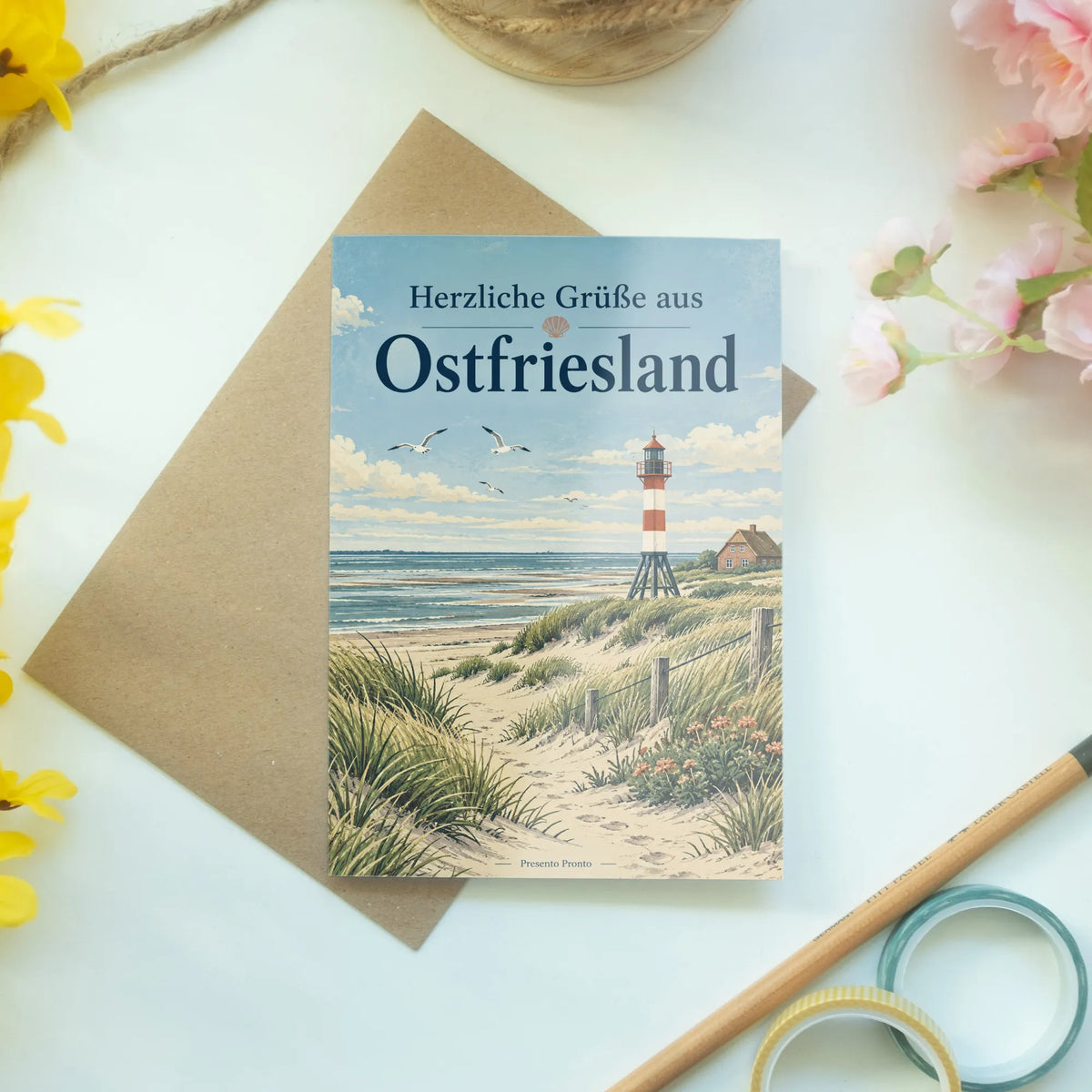Herzliche Grußkarte für Urlaubsgrüße aus Ostfriesland mit Leuchtturm