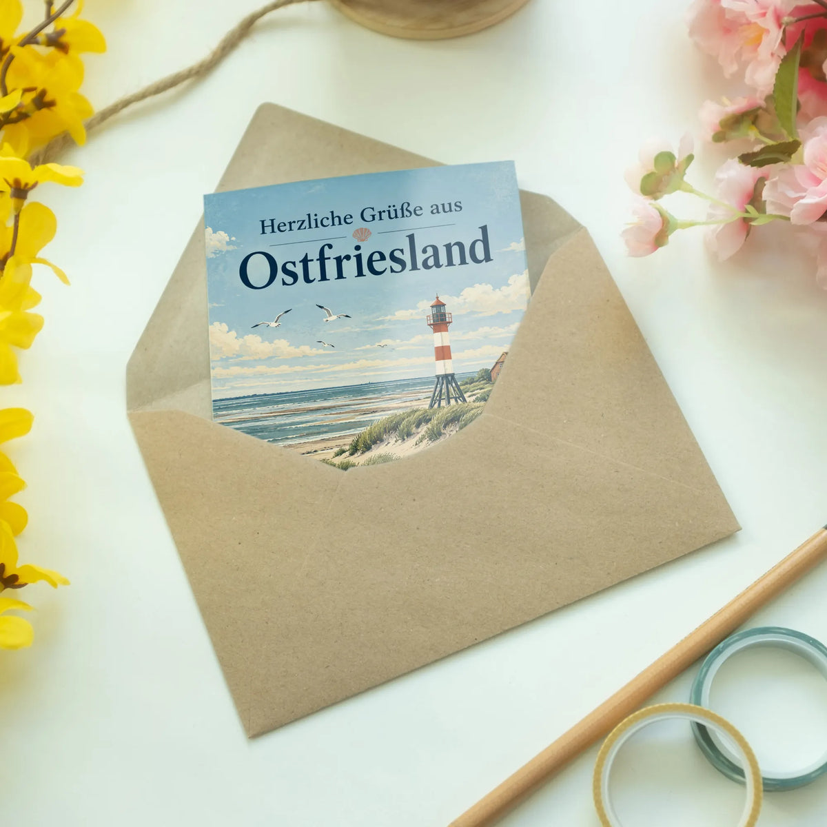 Herzliche Grußkarte für Urlaubsgrüße aus Ostfriesland mit Leuchtturm