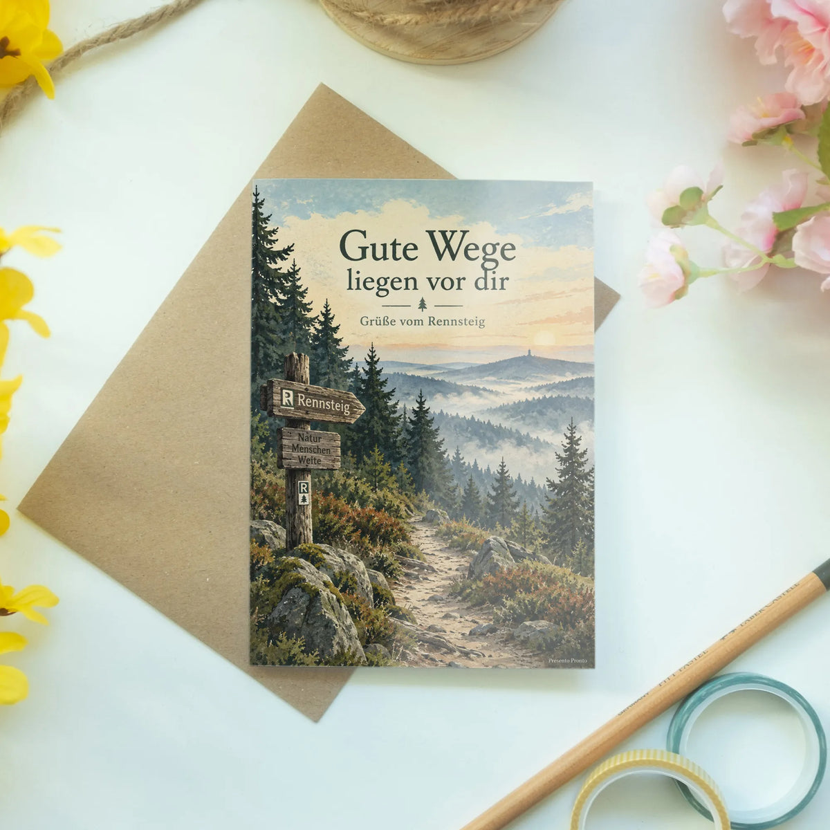 Poetische Grußkarte vom Rennsteig mit nebligem Wanderweg