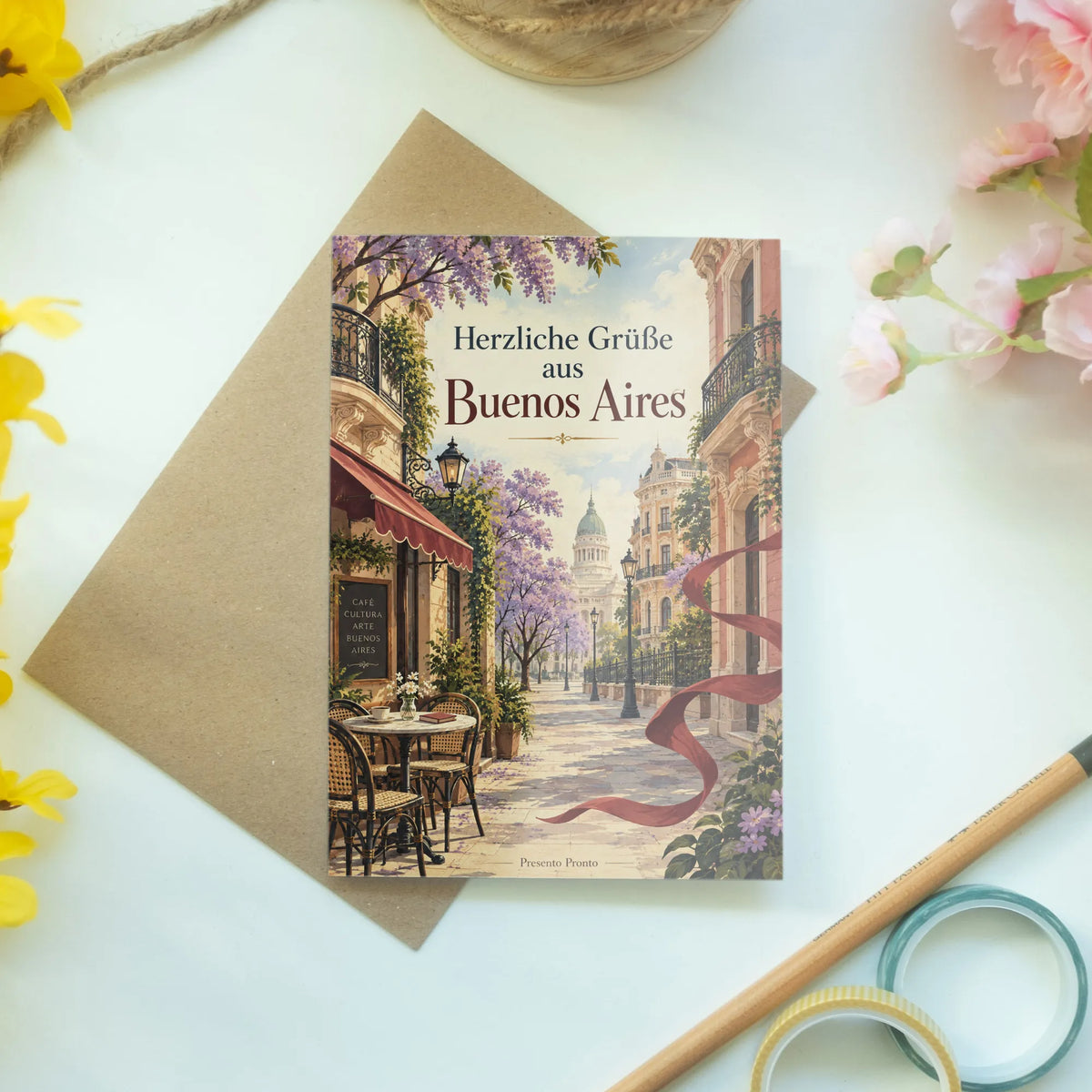 Elegante Grußkarte aus Buenos Aires für Reisende mit Jacarandabäumen
