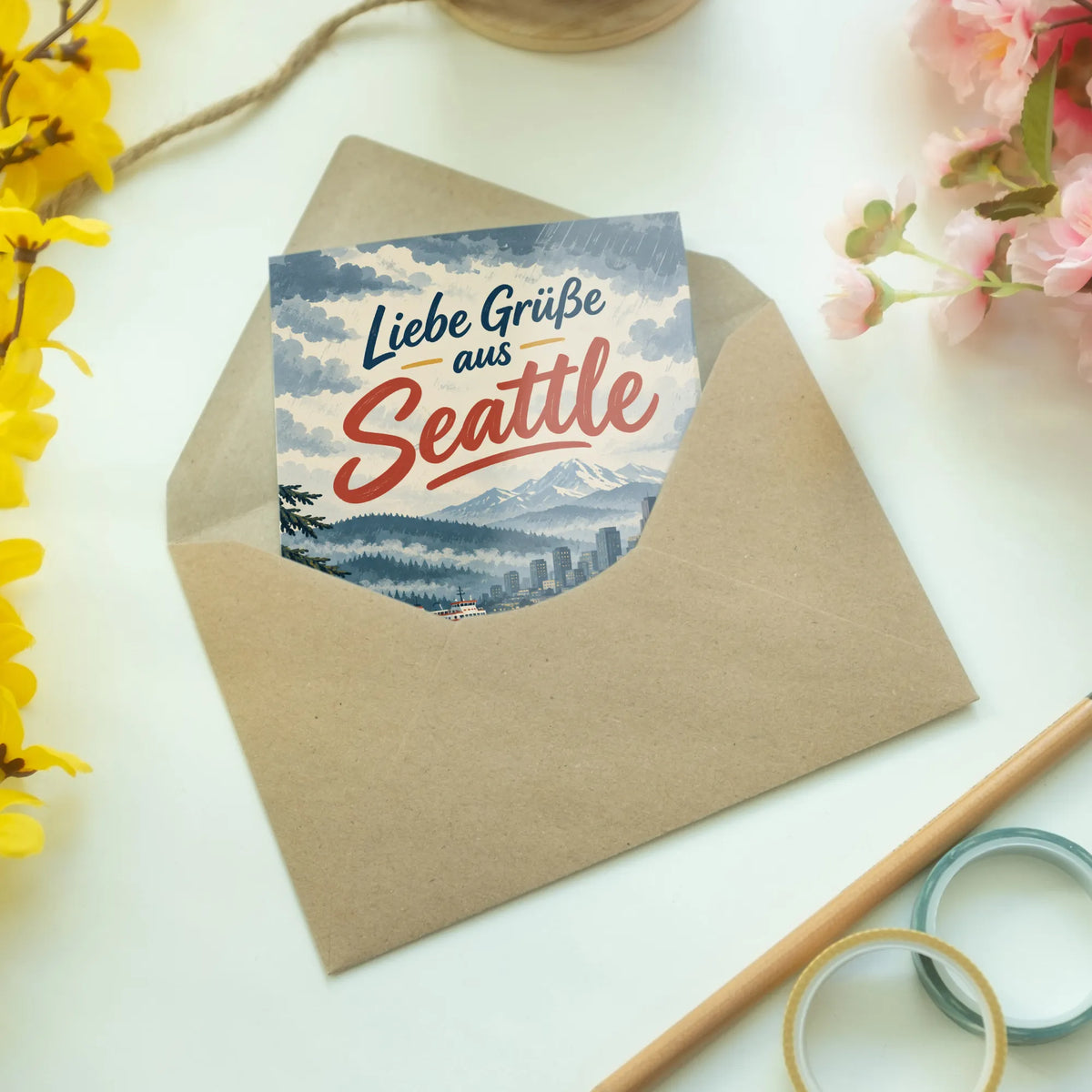 Herzliche Grußkarte aus Seattle mit Bucht und Fähre