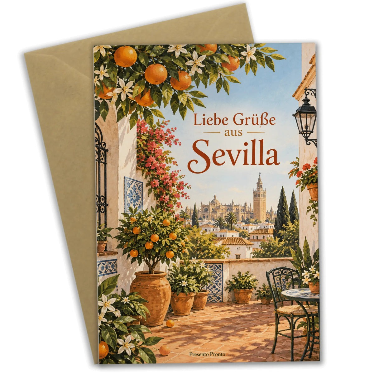 Sonnige Sommergrußkarte aus Sevilla mit Innenhof