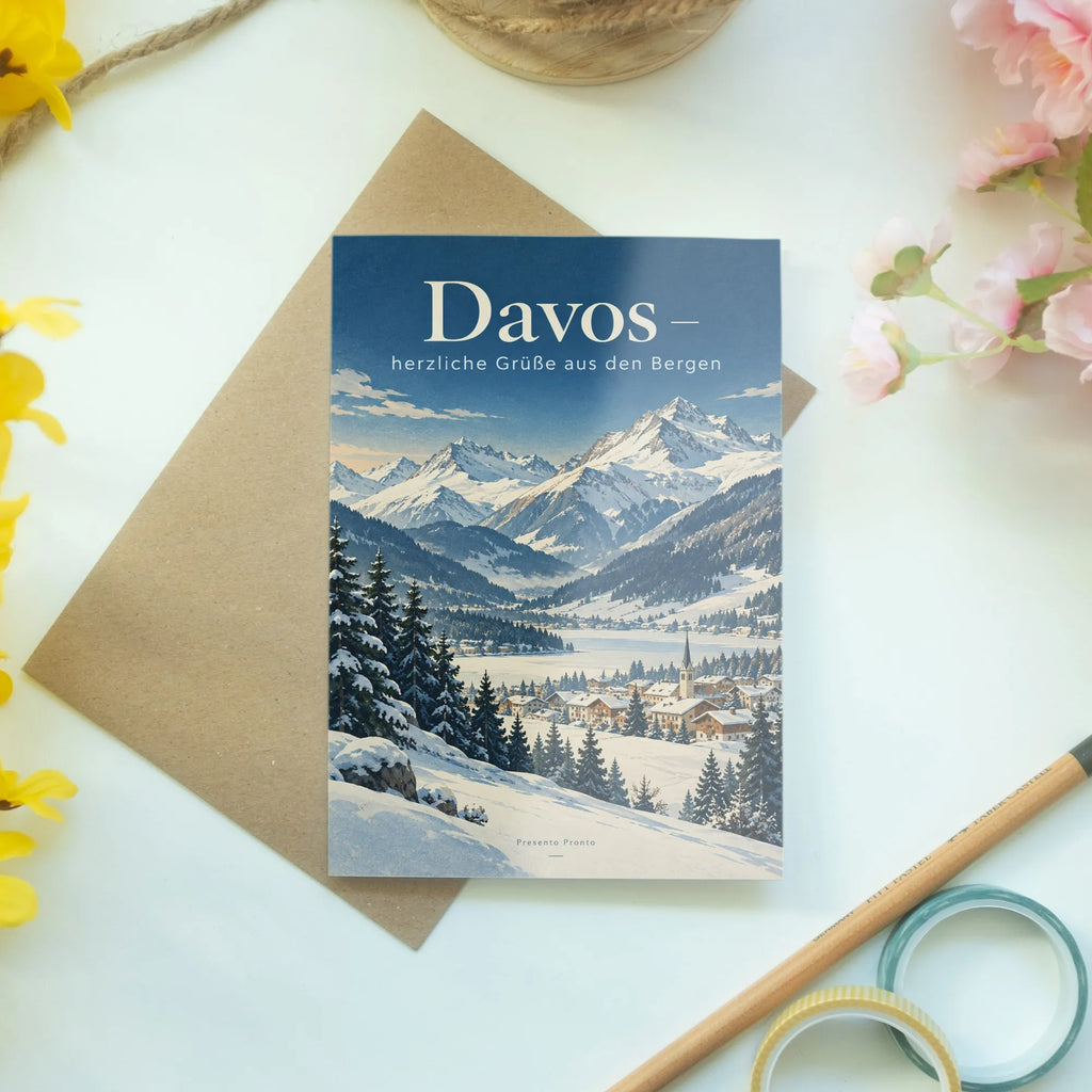Elegante Davos Grußkarte für Urlaubsgrüße mit Alpenpanorama|p:2023939|h:eb9a0124335057e1c991190196b3e5c2