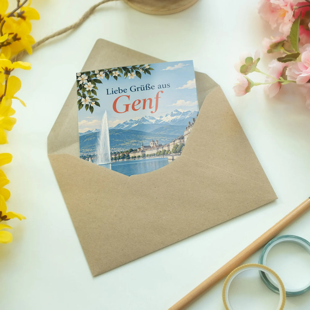Elegante Grußkarte aus Genf mit Springbrunnen und Alpen|p:2023946|h:f23a84d448743d83299530d489763ebd