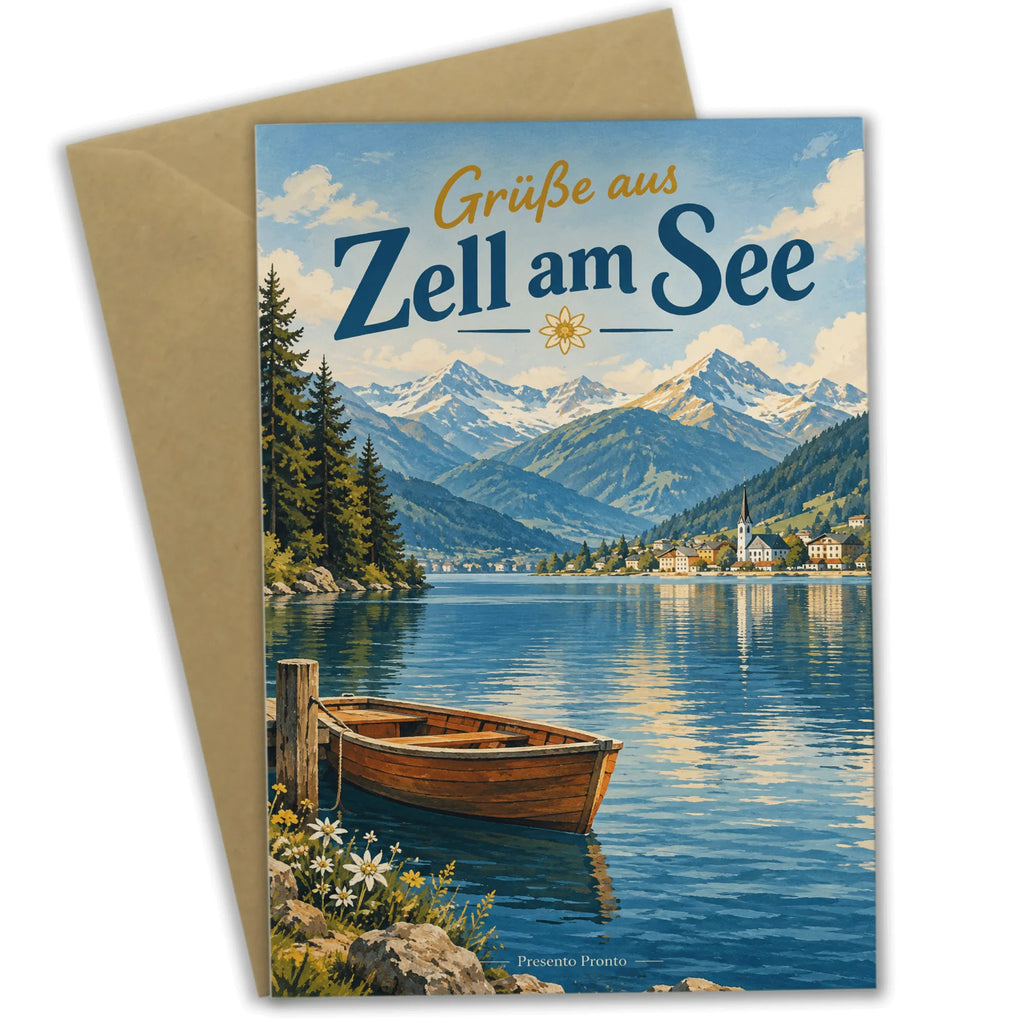 Herzliche Grußkarte aus Zell am See mit Alpensee und Boot|p:2023954|h:ac2a9926fb839fbd7606ee96ea5c7d46