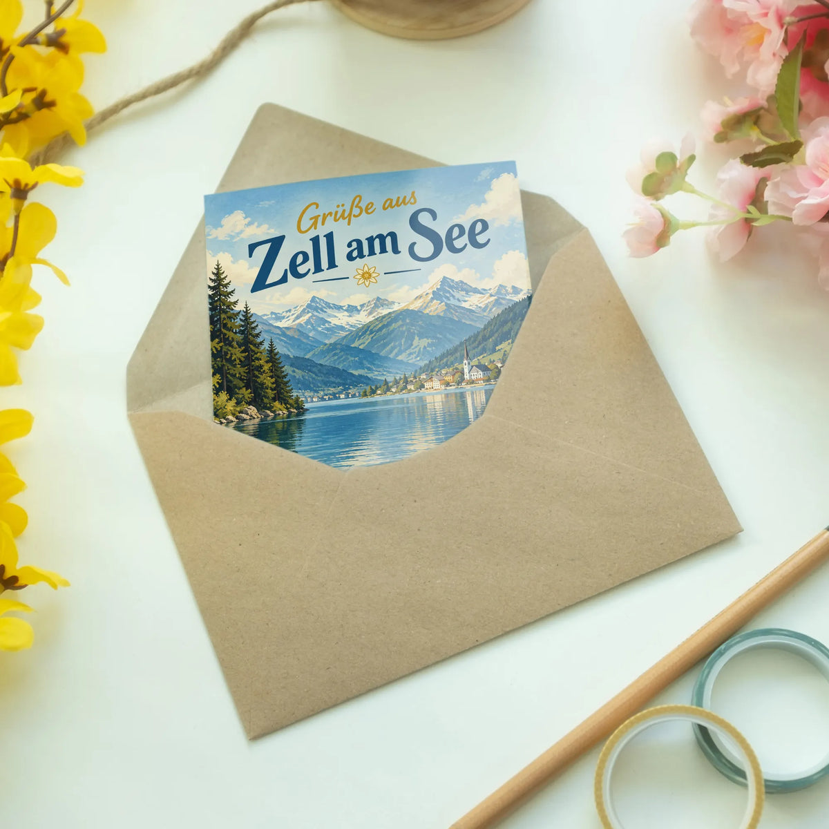 Herzliche Grußkarte aus Zell am See mit Alpensee und Boot