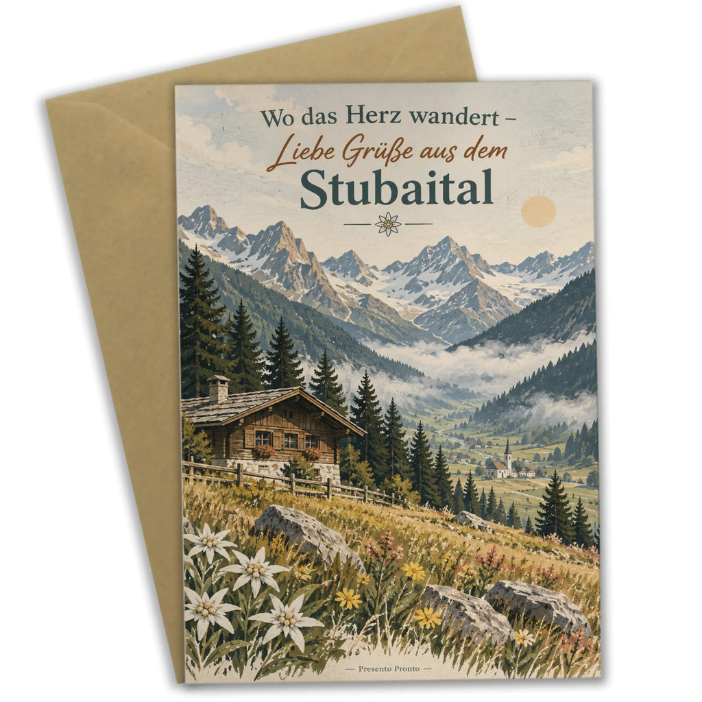 Herzliche Urlaubsgrußkarte aus dem Stubaital mit Berghütte|p:2023961|h:534898e47dd2c1bf444979ca28f160d5