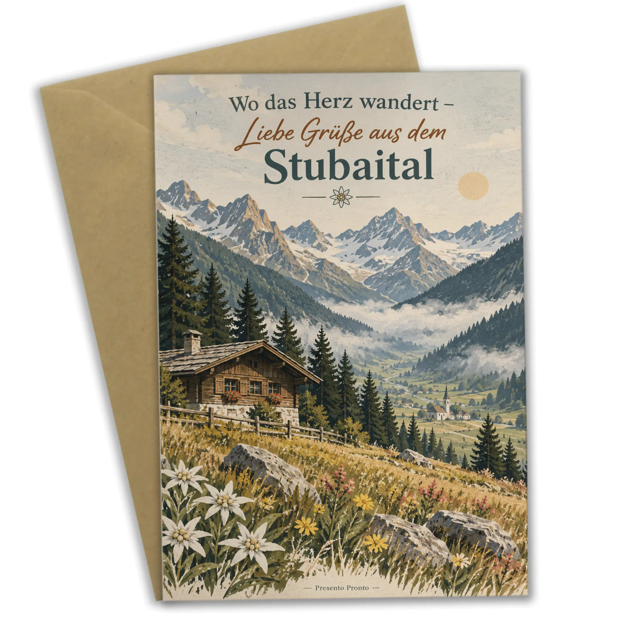 Herzliche Urlaubsgrußkarte aus dem Stubaital mit Berghütte