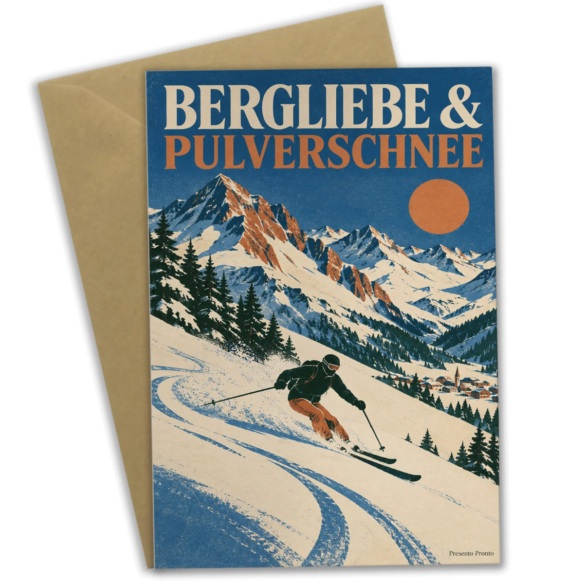 Stimmungsvolle Grußkarte für den Skiurlaub in Ischgl mit Skifahrer