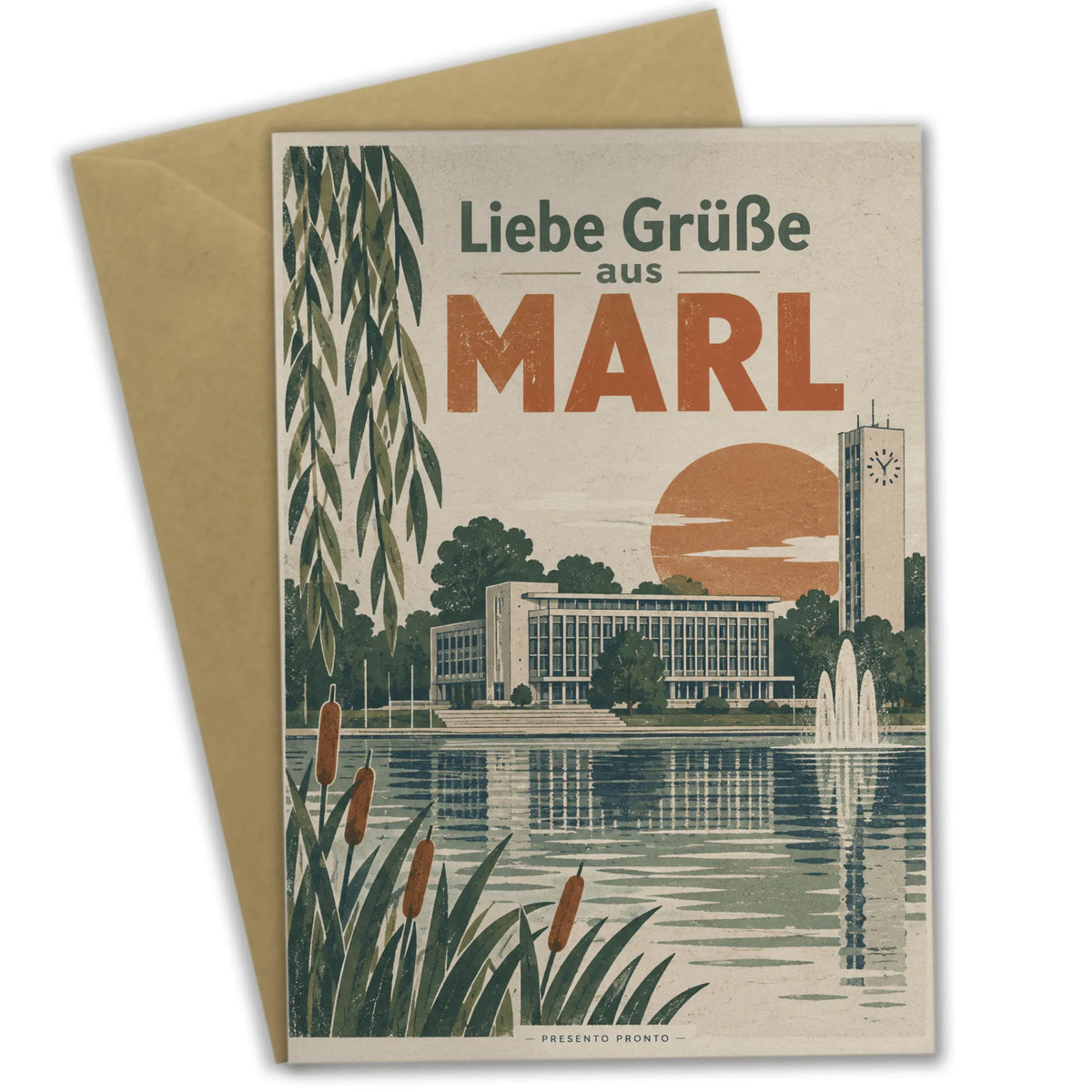 Herzliche Grußkarte aus Marl mit Rathaus am City-See