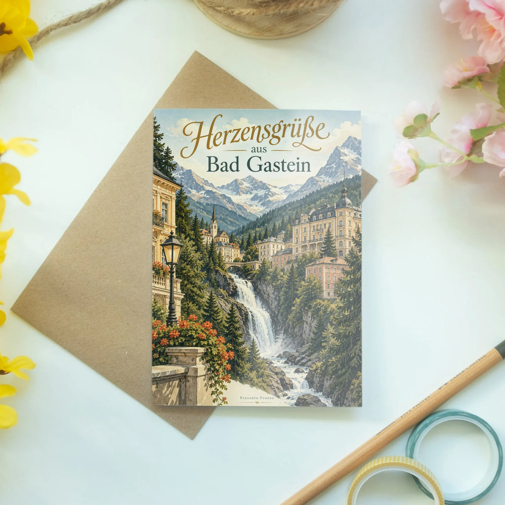 Elegante Urlaubskarte aus Bad Gastein mit Wasserfall|p:2023976|h:e7f7dc30532300daa5e71f4fdd803330