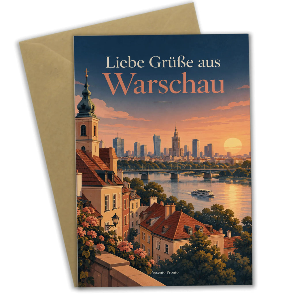 Herzliche Urlaubsgrüße aus Warschau mit Skyline im Abendlicht|p:2023980|h:a7d484aa0f752caecf9b9ed744389b5f