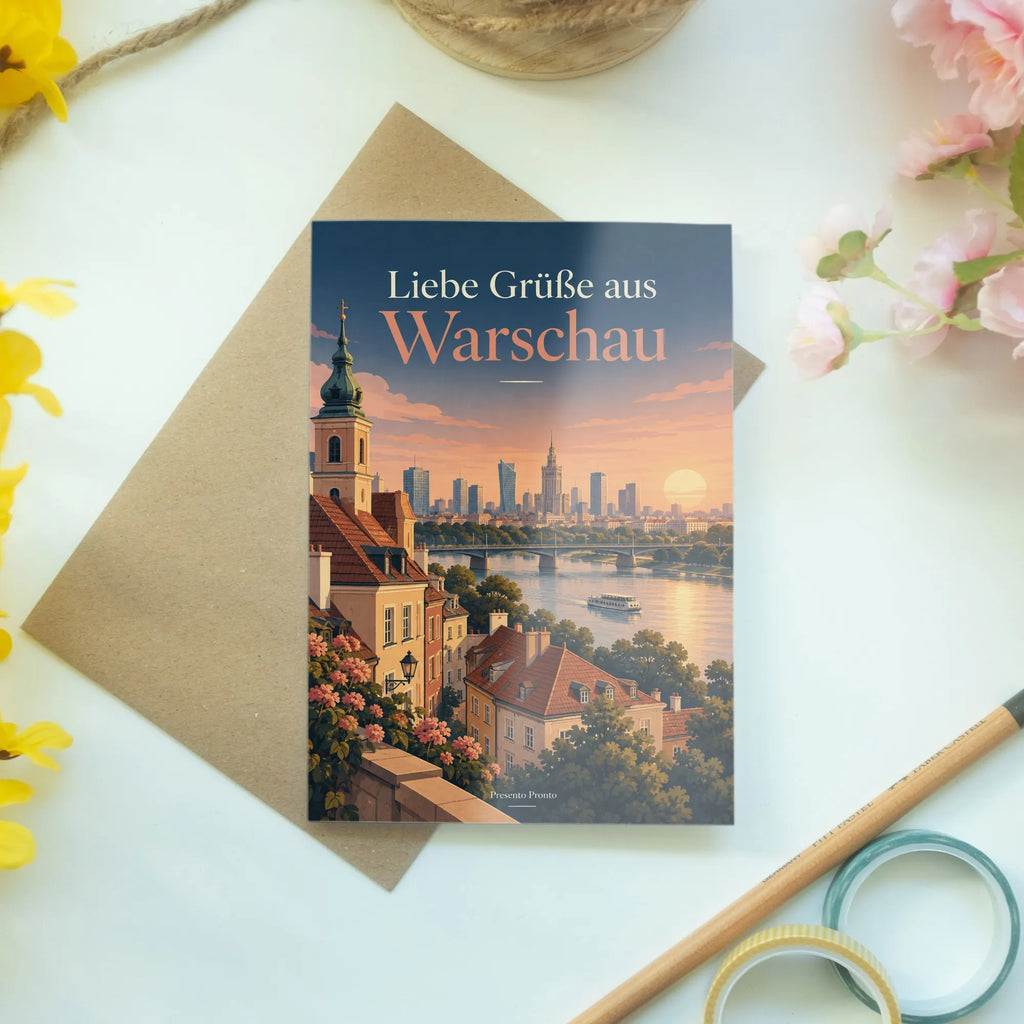 Herzliche Urlaubsgrüße aus Warschau mit Skyline im Abendlicht|p:2023980|h:e72198925db7eb4249c6331b0c72454a