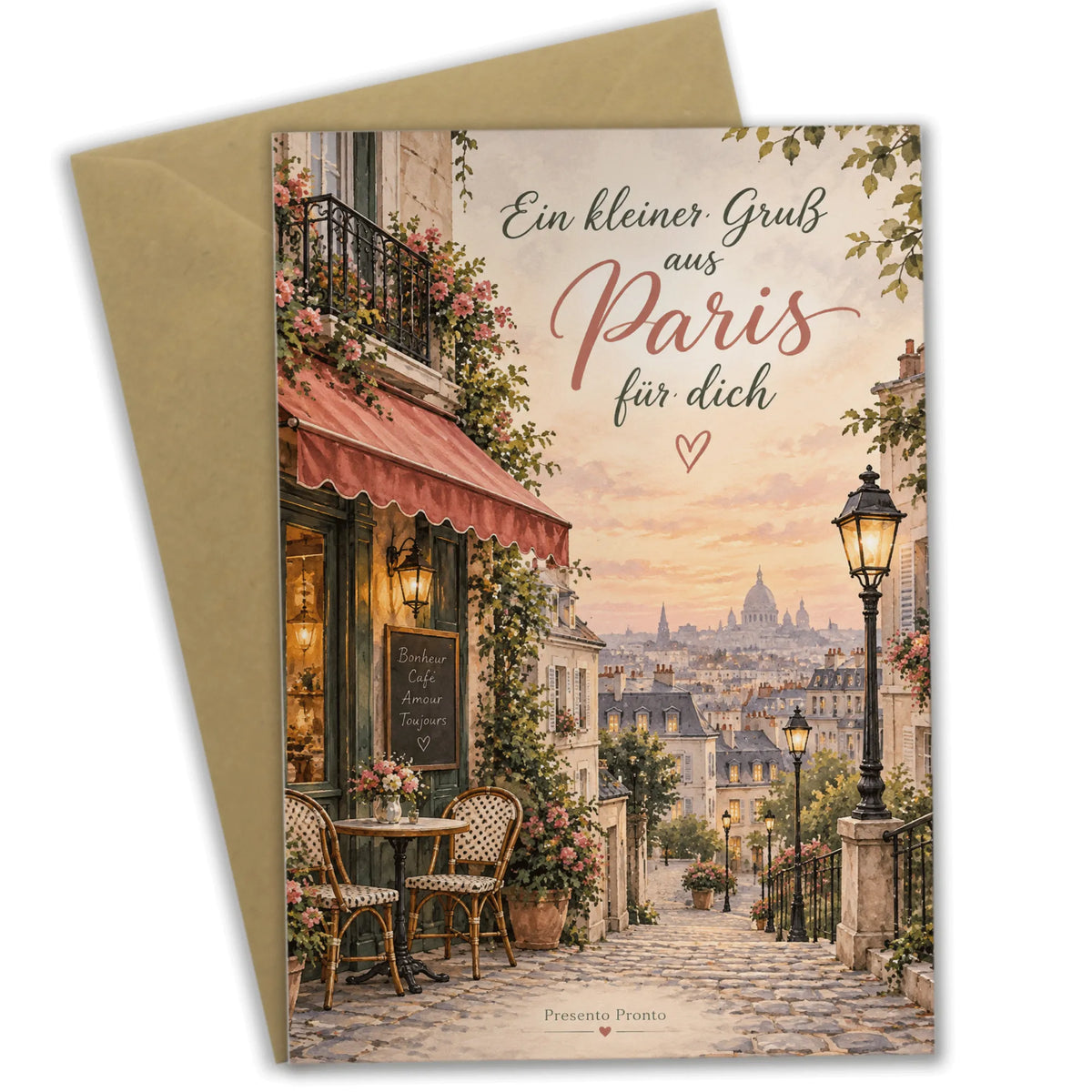 Romantische Paris Grußkarte für Verliebte mit Straßencafé