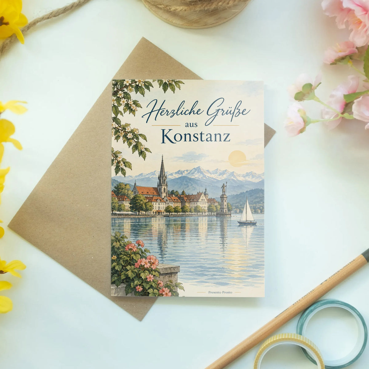 Herzliche Grußkarte aus Konstanz mit Seelandschaft