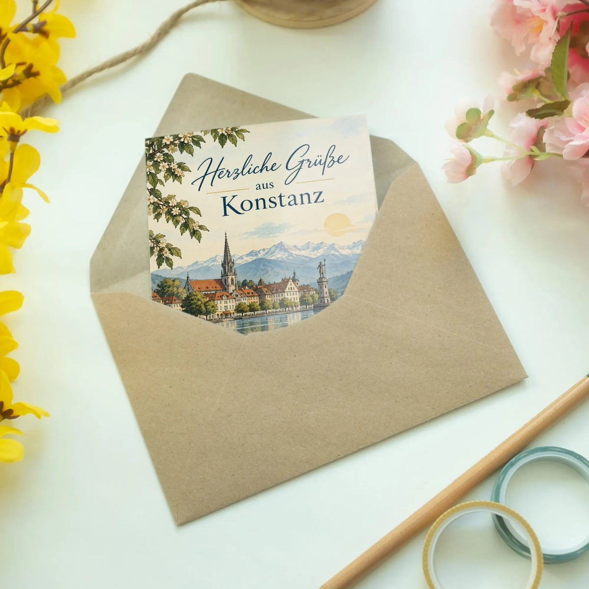 Herzliche Grußkarte aus Konstanz mit Seelandschaft