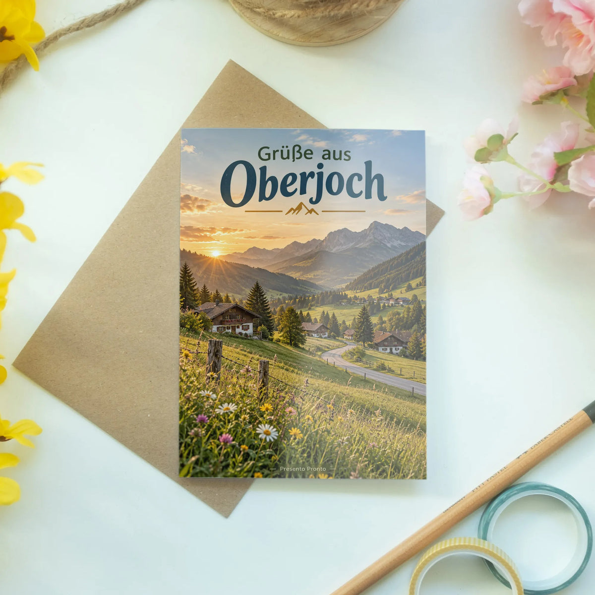 Herzliche Grüße aus Oberjoch mit Berglandschaft im Abendlicht