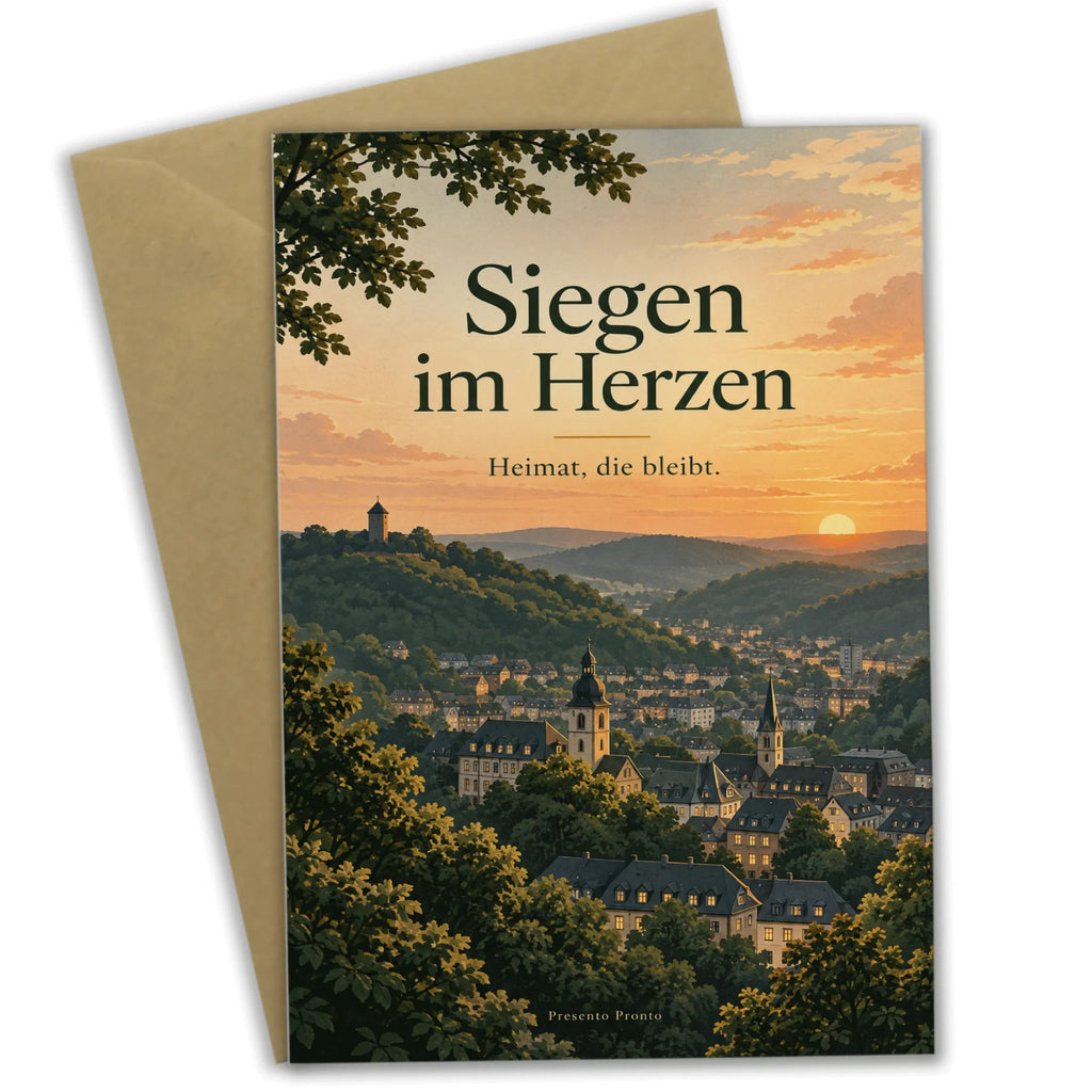 Herzliche Heimatkarte für Siegen mit Stadtsilhouette am Abend|p:2023991|h:ce045c53e02077634d10a34a21b15e32